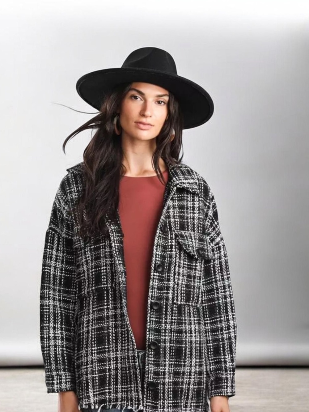 Forever 21 Black and White Plaid Shacket Jacket silver buttons and fringe